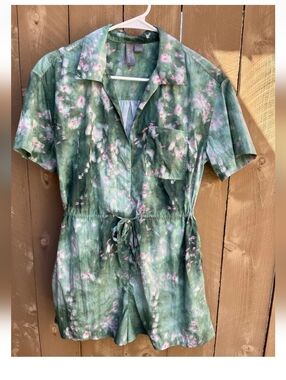 Sweaty Betty Anytime Short Sleeve All Day Romper - Green w/ Lavender Pink  -Sz 6